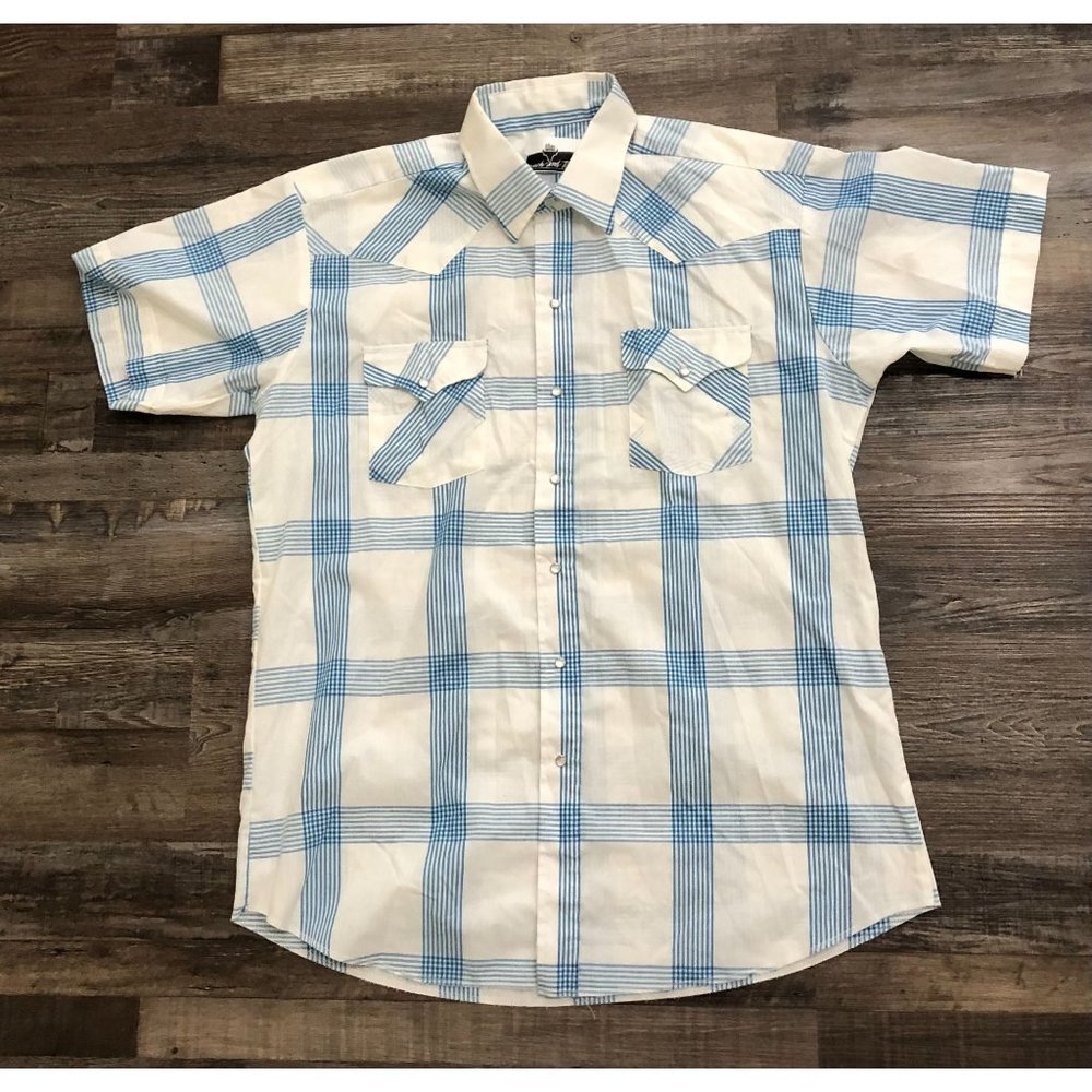 Vintage Ranch and Town Mens Size 17 White & Blue Plaid Pearl Snap Shirt
